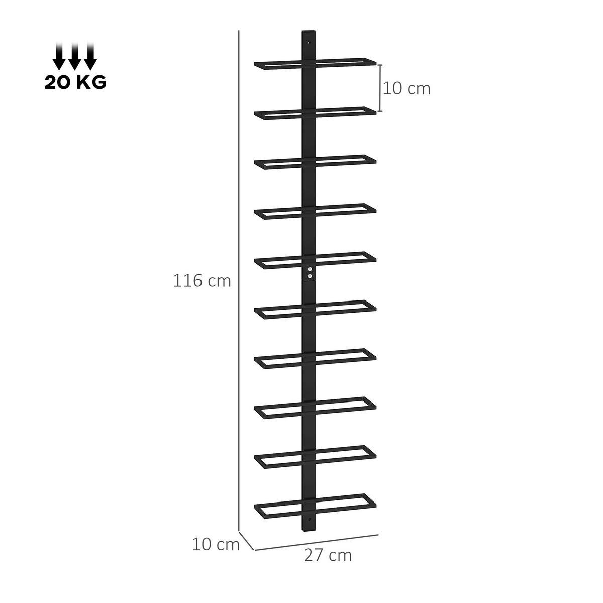 WEINREGAL Flaschenregal zur Wandmontage für 10 Weinflaschen, Stahl Schwarz - Schwarz, Metall (10/116/27cm) - HOMCOM