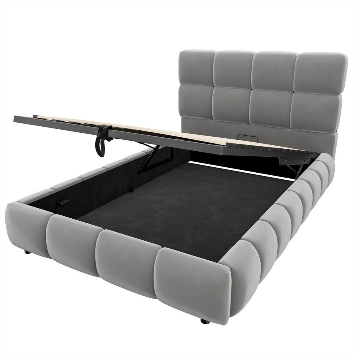 POLSTERBETT 90x200 cm mit LED Beleuchtung - hydraulischem Stauraum - Grau - Samt - ohne Matratze - Grau, Textil (90/200cm) - DELFA