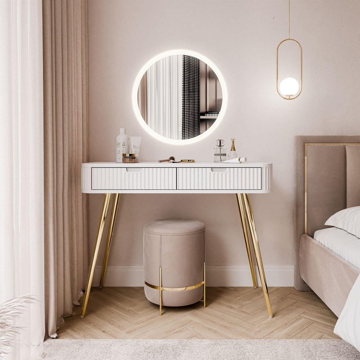 SCHMINKTISCH ZAIRA mit LED Spiegel Weiß - Weiß, Holzwerkstoff (103/80/49cm) - Lookway