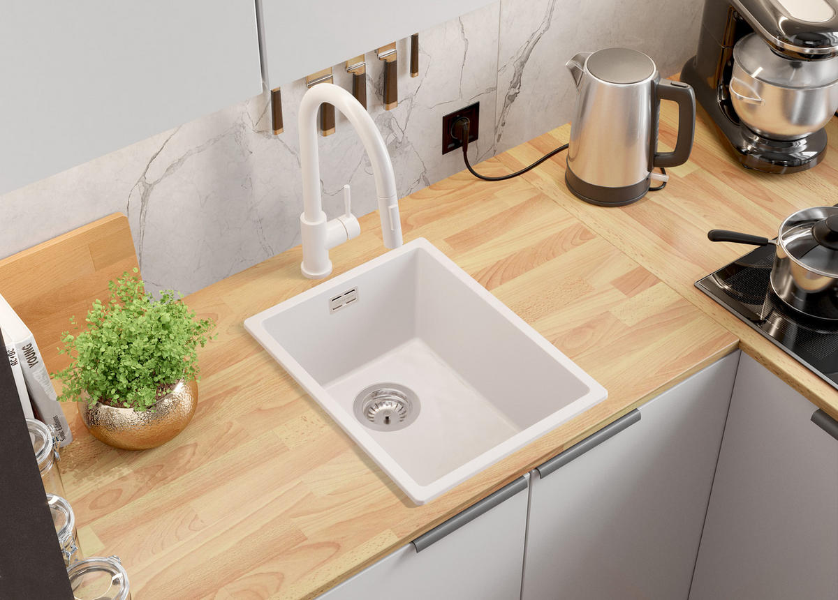 GRANITSPÜLE London Slim, 2-er set Alles Weiß 36/47 cm 1 Becken + Küchenarmatur 38/14 cm + Ablauf-Set ab 40er Unterschrank - Weiß, Kunststoff (36/20/47cm) - Primagran