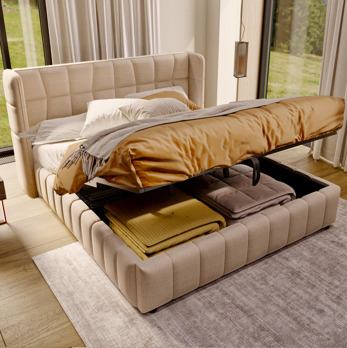POLSTERBETT mit Stauraum und Lattenrost 180x200 cm Stoff Beige - Beige, Metall (180/200cm) - Meubliv