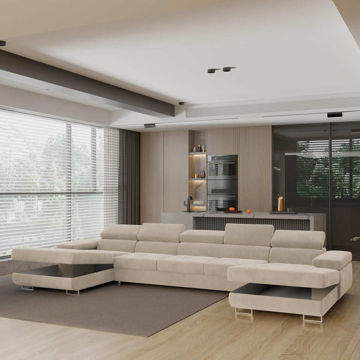 WOHNLANDSCHAFT OMBRA Creme Velours-Stoff mit Schlaffunktion - Creme, Holz (425/90/202cm) - MASSENO