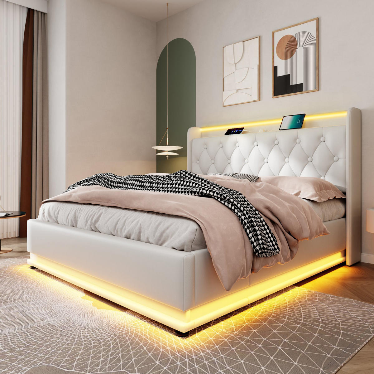 POLSTERBETT mit LED und Stauraum 160x200 cm PU Weiß - Weiß, Metall (160/200cm) - Meubliv