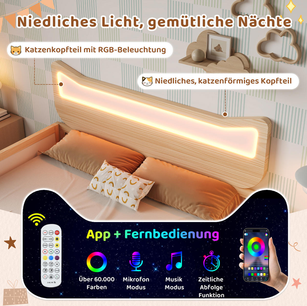 KINDERBETT 90/190 cm weiß/eiche aus Holz mit LED und Schublade - Eichefarben, Holzwerkstoff (90/190cm) - OKWISH