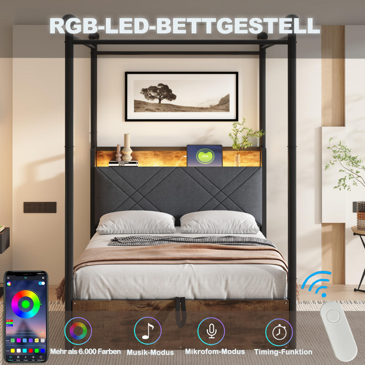 METALLBETT 90x190 cm Stauraum Baldachin schwarz - Schwarz, Metall (90/190cm) - LEBENLANG