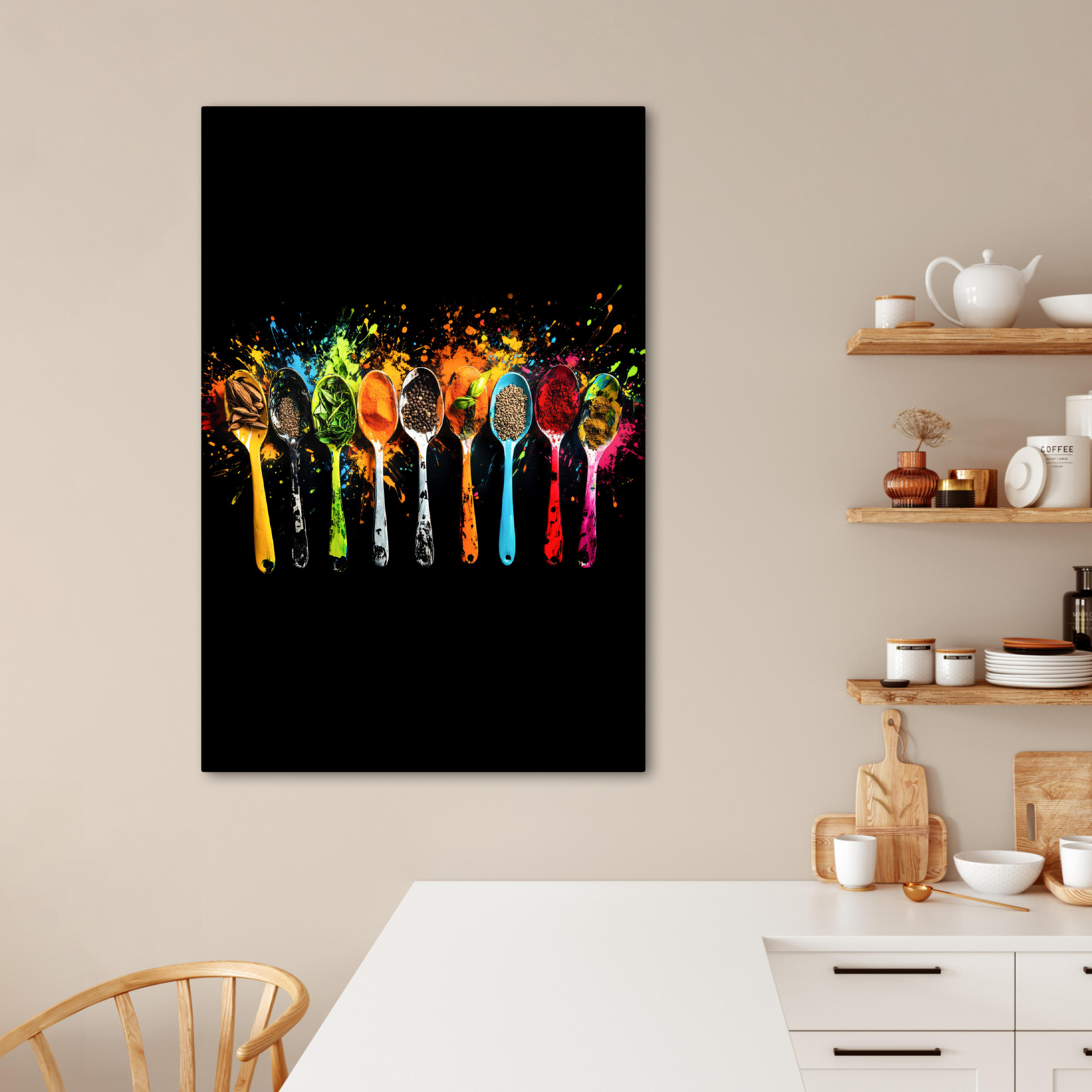 LEINWANDBILD Löffel - Gewürze - Modern - Graffiti - Farbe - Farbenfroh 80x120 cm - Multicolor, Textil (80/120cm) - MuchoWow