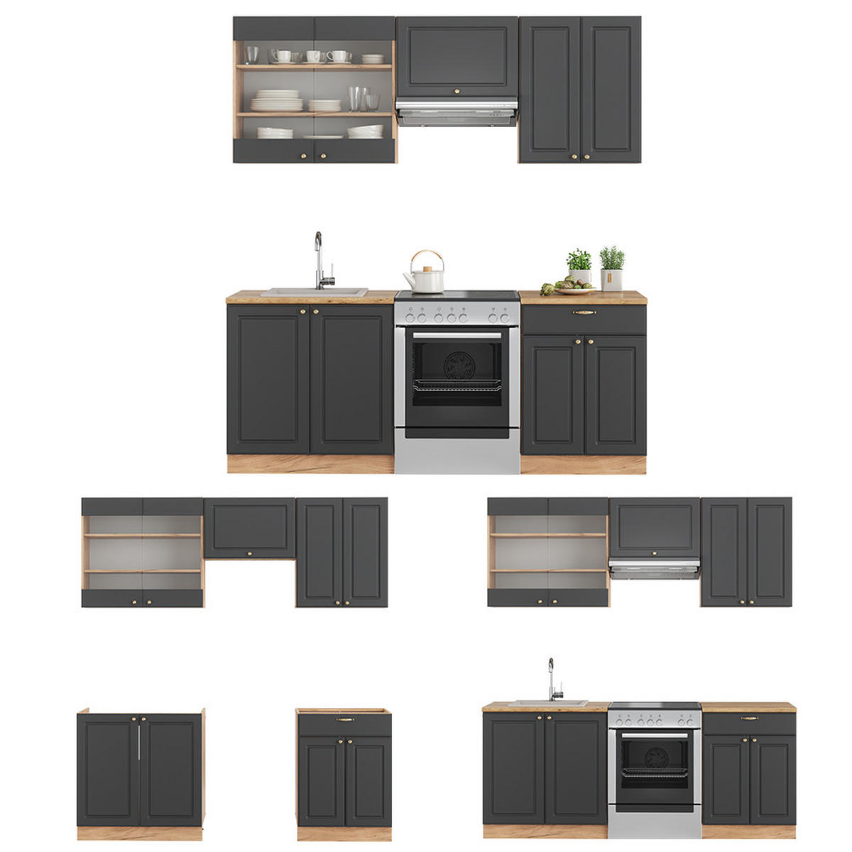 KÜCHENZEILE Fame-Line Anthrazit Landhaus/Goldkraft Eiche 200 cm ohne AP - Honigeiche/Anthrazit, Holzwerkstoff (200/81.6/46cm) - Vicco