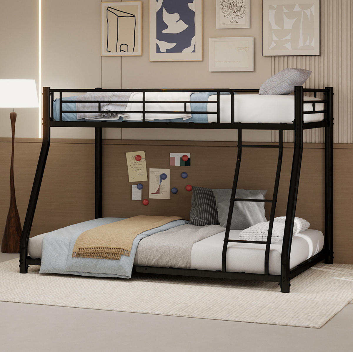ETAGENBETT 140/200 cm aus Metall mit Leiter, erhöhtem Geländer und geräuscharmen Latten, Schwarz - Schwarz, Metall (140/200cm) - Redom