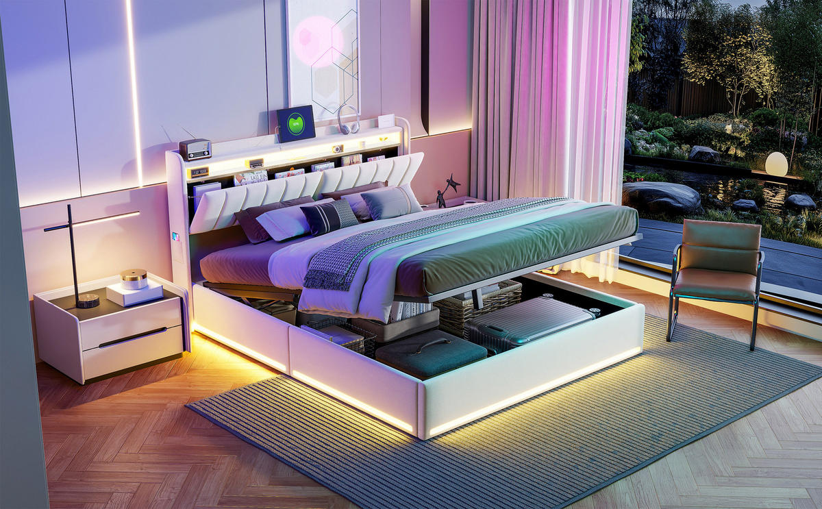 STAURAUMBETT 140x200 cm, LED und USB, Kopfteil mit Stauraum, Samtstoff in Beige - Beige, Holz/Textil (140/200cm) - BRILVERDE