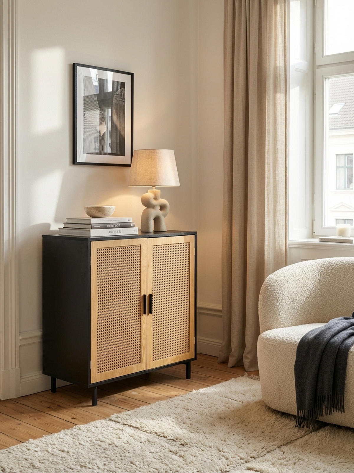 SIDEBOARD – Schwarz, 80x86,5x40 cm, mit Wiener Geflecht, 2 Türen, hoch - Schwarz, Holzwerkstoff/Metall (80/87/40cm) - KADIMA DESIGN