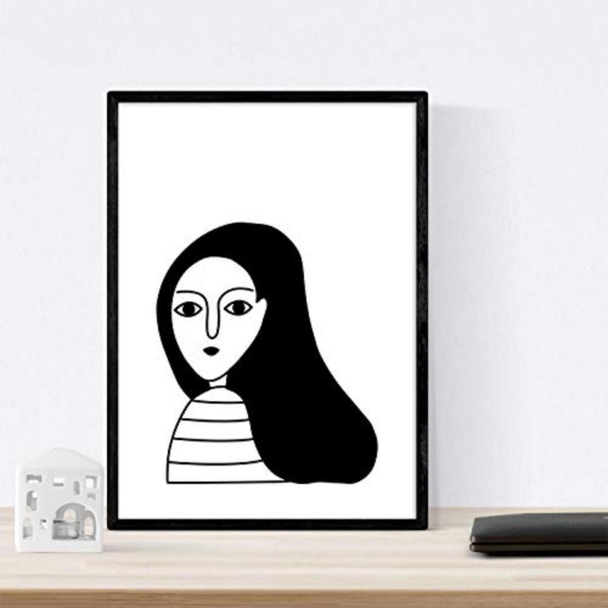 POSTER Set mit 4 „Vier Frauen Brünetten“ Zeichnungen von Frauen A4 Schwarzer Rahmen - Schwarz, Papier (29.7/3cm) - Nacnic