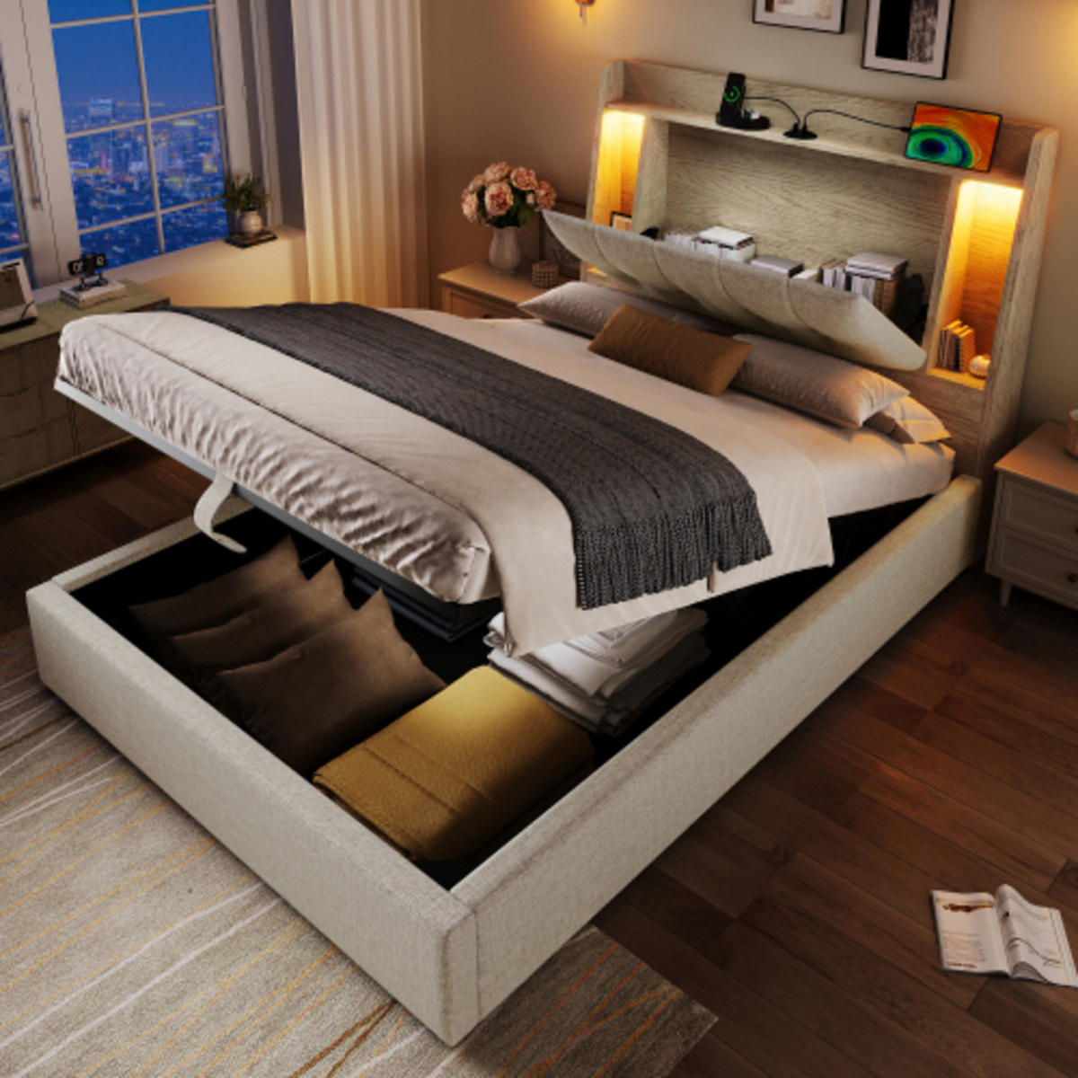 POLSTERBETT 90 × 200 cm mit Leinenbezug, Klapp-Staufach, beidseitiger LED-Leiste und USB/Typ-C Ladeanschluss, beige - Beige, Textil (90/200cm) - Luhomfu