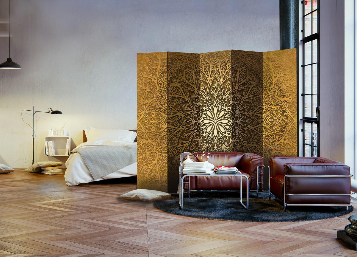 PARAVÁN Obojstranný 5-Dielny 225x172 cm Mandala - žltá, drevo/textil (225/172/3cm) - Muralo