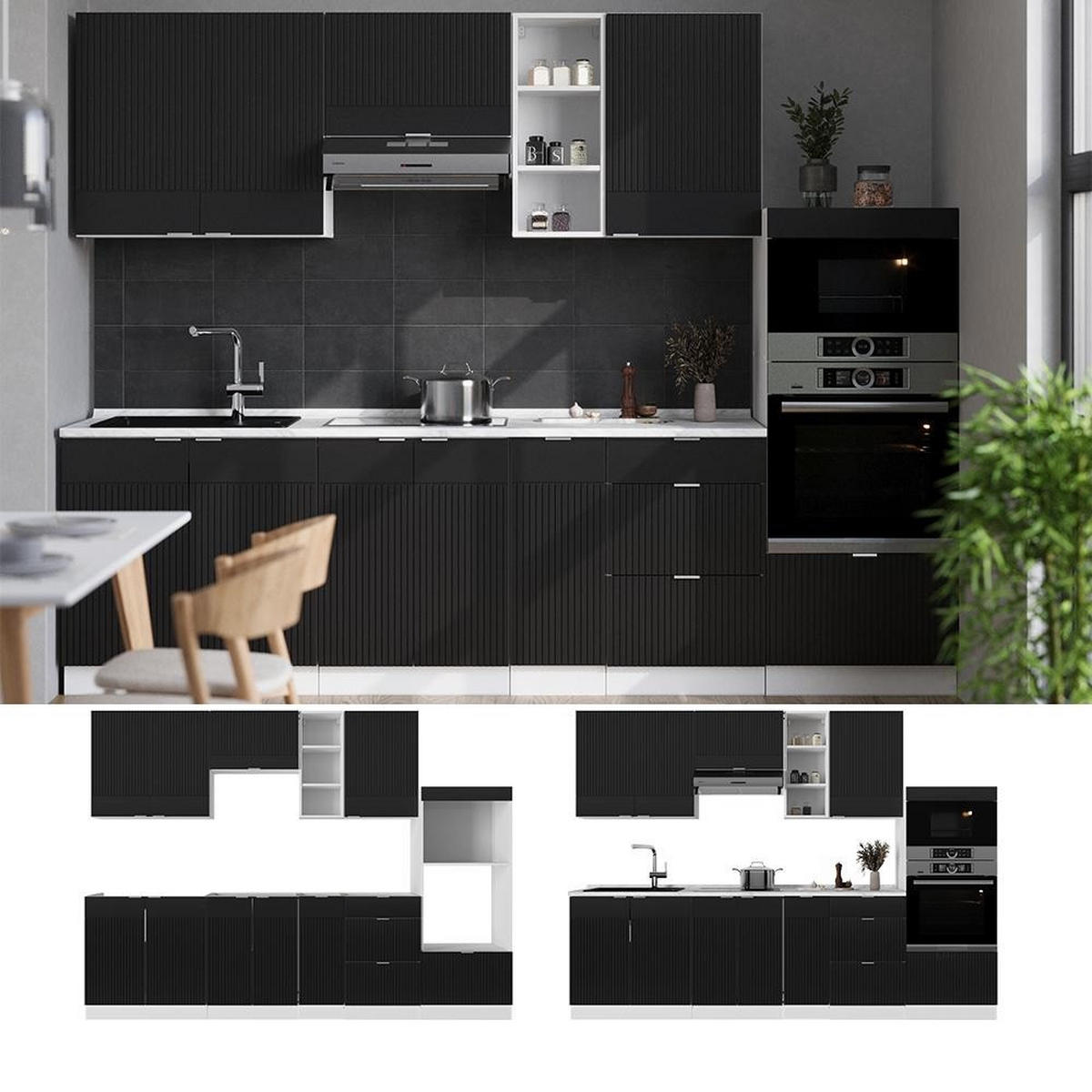 KITCHENETTE Fame-Line dungi negre/albe 280 cm , AP Marmură - alb/negru, compozit lemnos (280/153.6/60cm) - Vicco