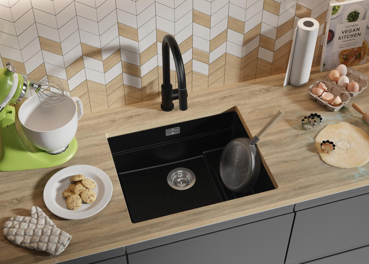 UNTERBAUSPÜLE GRANIT Praga, 2-er set Schwarz 56/47 cm 1 Becken + Ablauf-Set + Aufrollbare Abtropffläche ab 60er Unterschrank - Chromfarben/Schwarz, Kunststoff (56/20/47cm) - Primagran