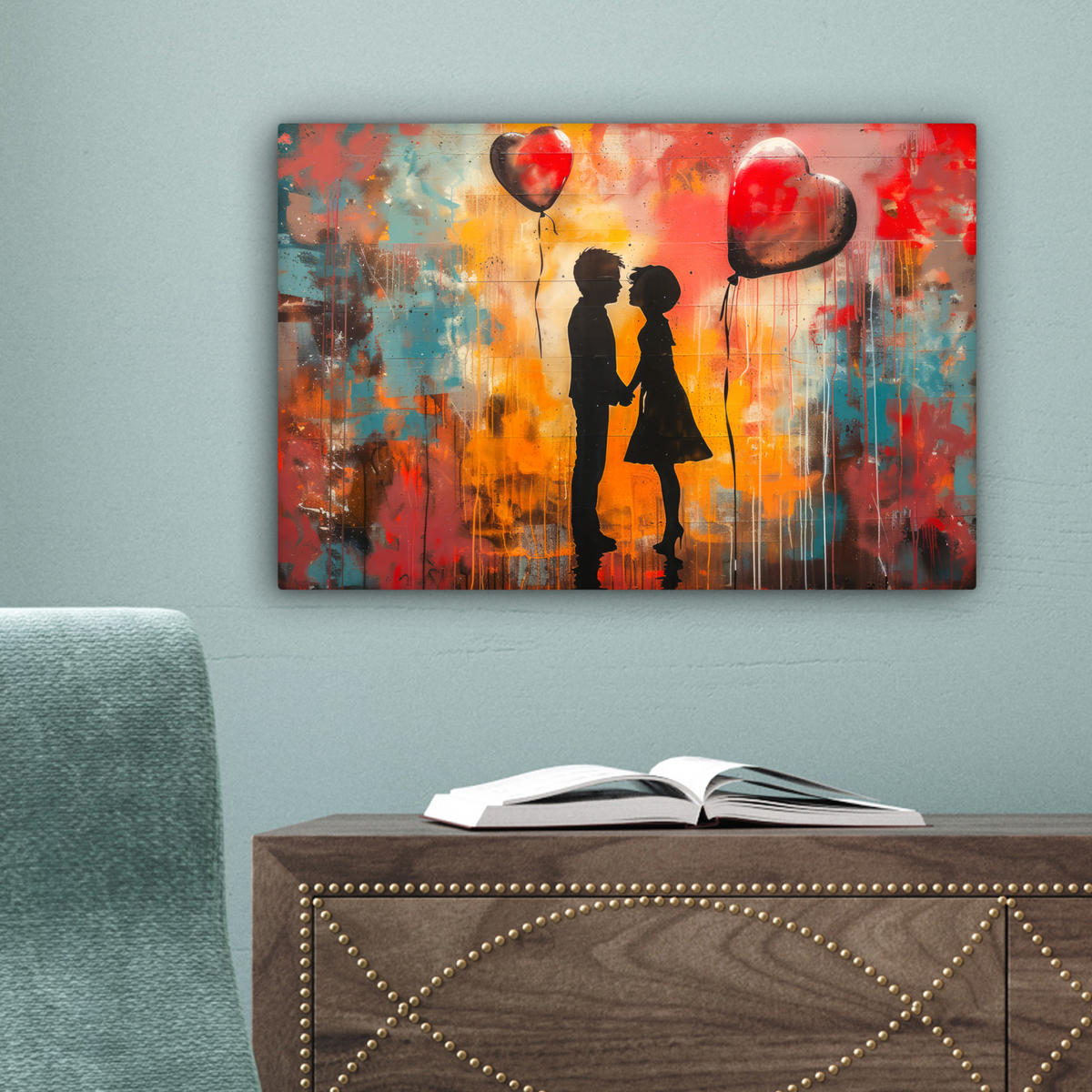 LEINWANDBILD Straßenkunst - Liebe - Graffiti - Kunst - Banksy 30x20 cm - Orange, Textil (30/20cm) - MuchoWow