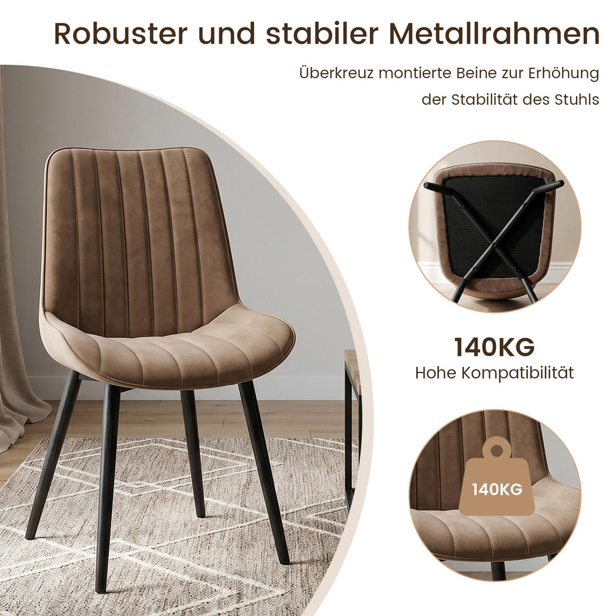STUHL-SET 4 Stück Samt-YZ1 - Mokka, Textil/Metall (62.5/88/53cm) - HOMAVO