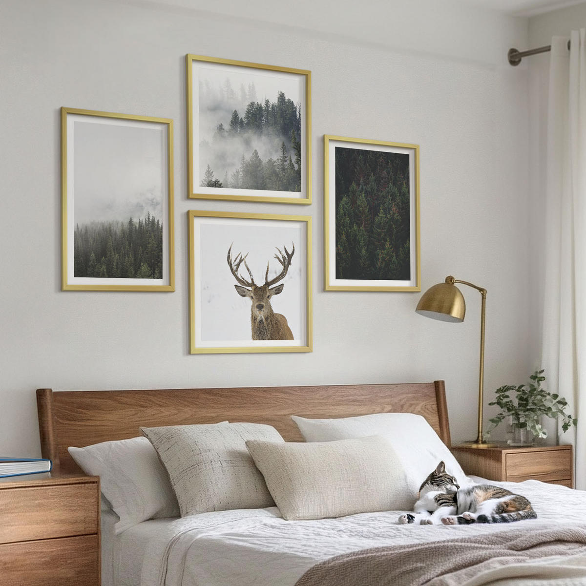 WANDBILDER 4er Set - 50x50 cm & 40x60 cm Goldrahmen - Grüne Wälder, neblige Landschaft - Goldfarben, Kunststoff (50/50cm) - ArtPrintCave