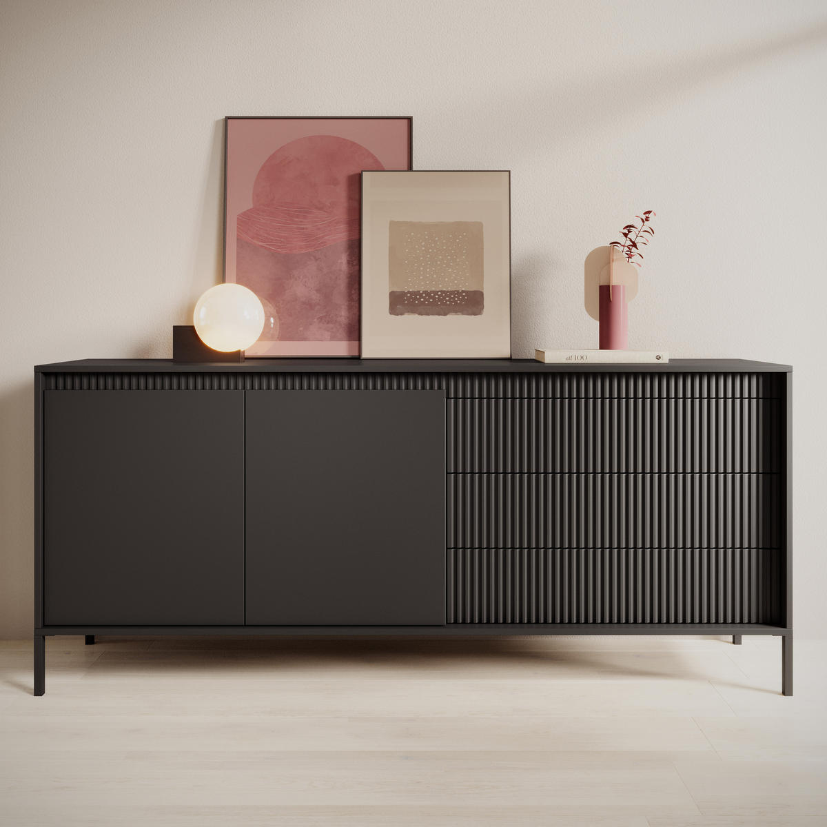 SIDEBOARD Trentinis 2T 3S Schwarz 187,1/41,4/39,5 cm – Geriffelten Fronten - Schwarz, Holzwerkstoff/Metall (187.1/41.4/39.5cm) - AX Living