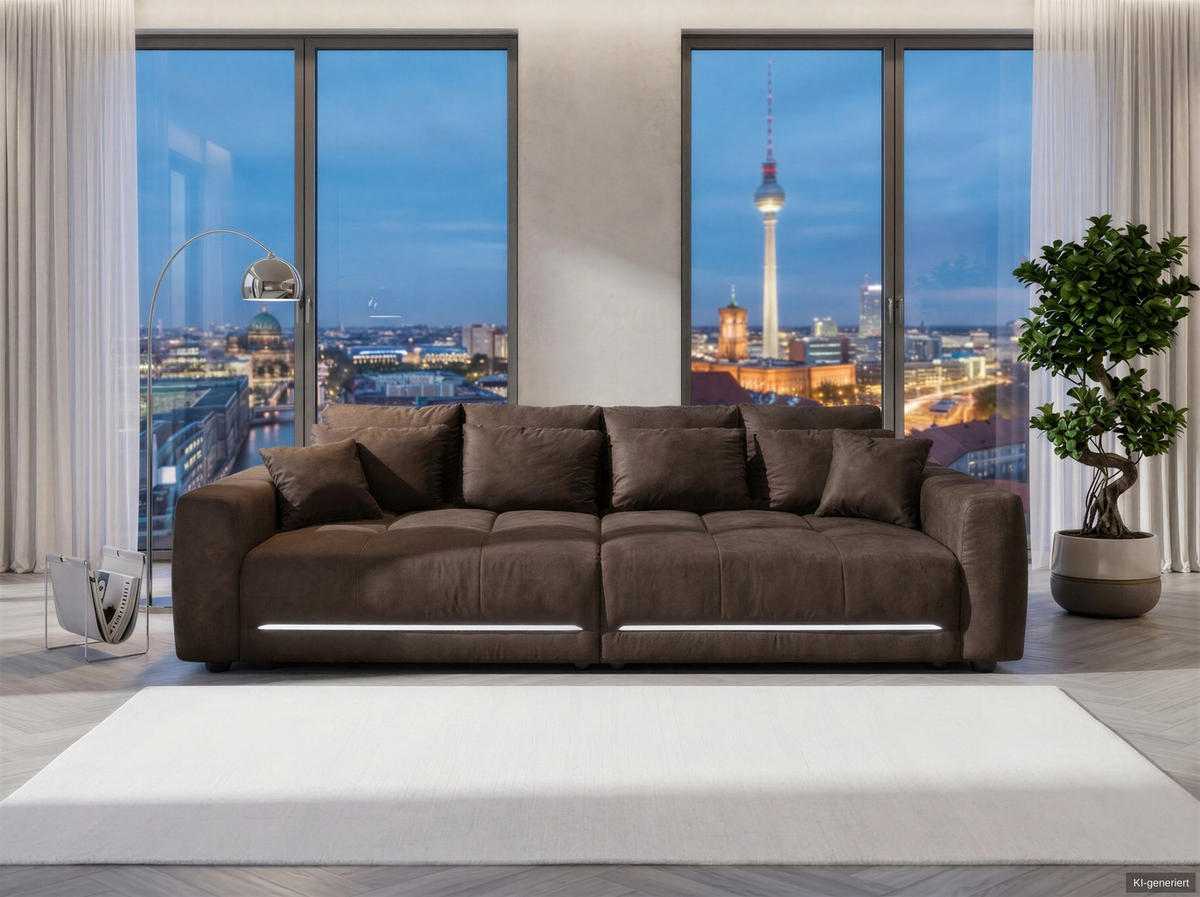 BIG-SOFA Federkern B294/T136/H86 cm, RGB-LED-Beleuchtung mit Fernbedienung, Mikrofaserstoff in Braun / 15417 - Schwarz/Braun, Kunststoff/Textil (294/86/136cm) - luma-home
