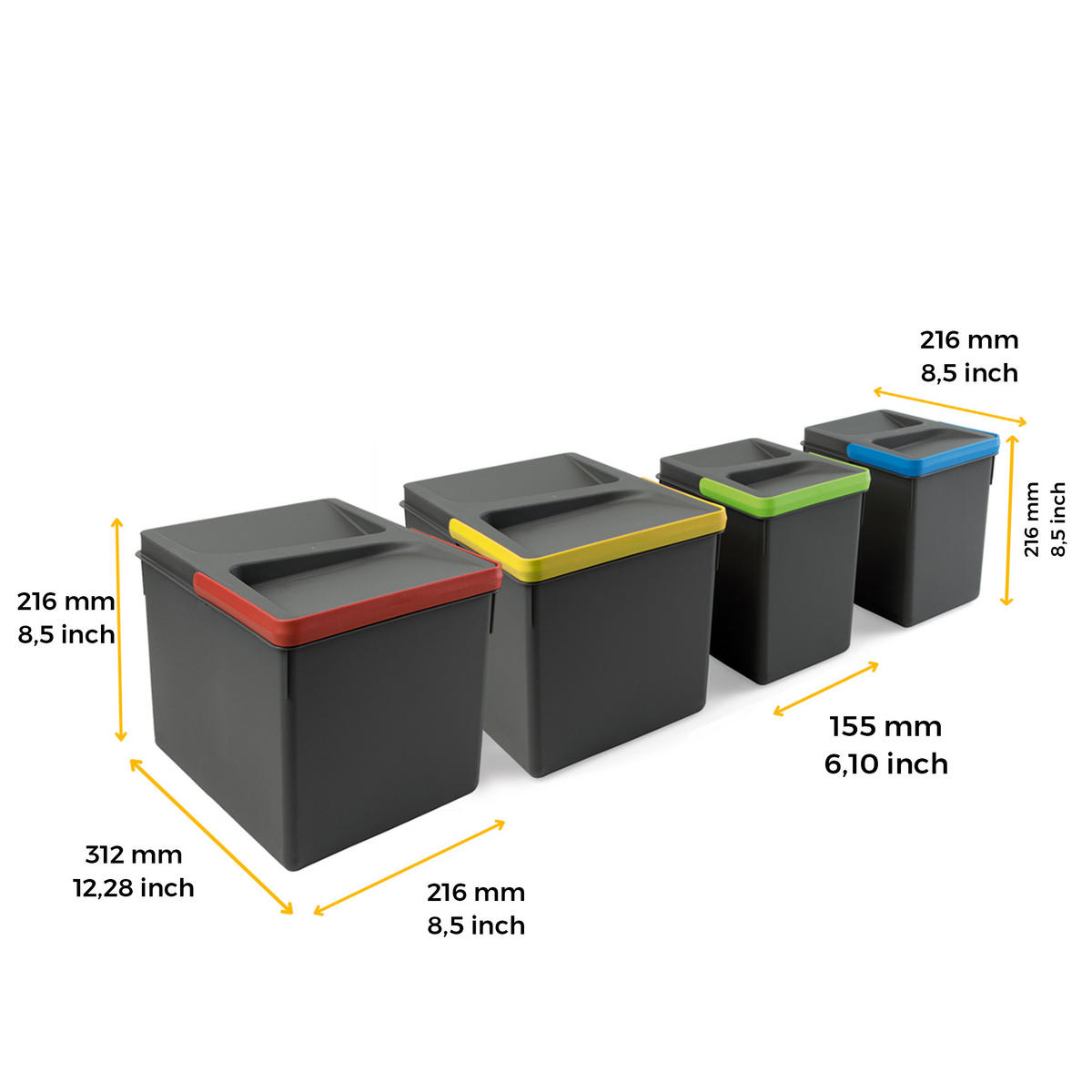 RECYCLINGBEHÄLTER für Küchenschublade, Höhe 216mm, 2x12l, 2x6l, Kunststoff anthrazitgrau 4er-set - Anthrazit, Kunststoff (23.5/39/33cm) - EMUCA