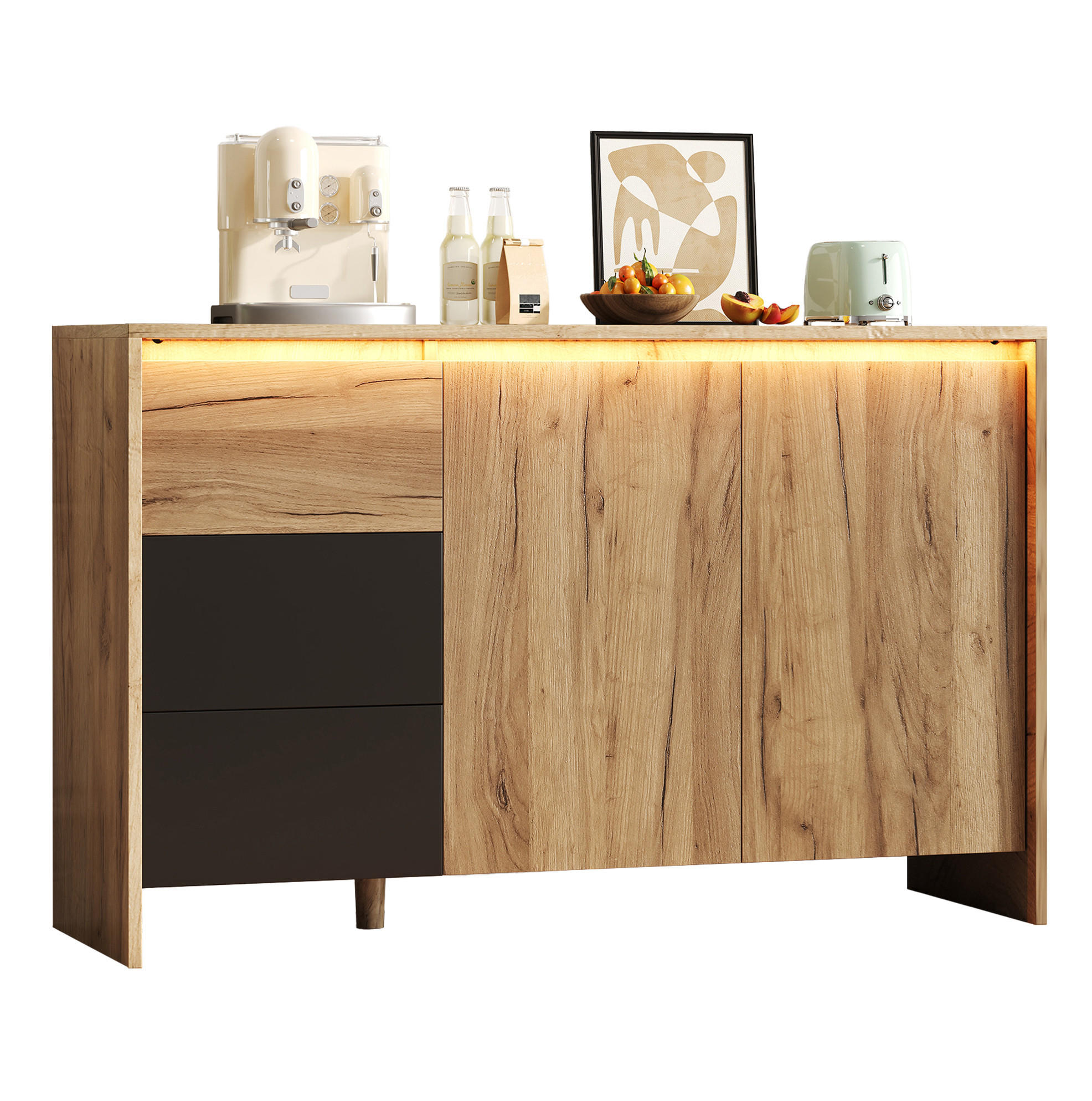 SIDEBOARD 120/40/76 cm Natur/Schwarz aus Spanplatte mit LED und 3 Schubladen - Schwarz, Holzwerkstoff (120/76/40cm) - OKWISH