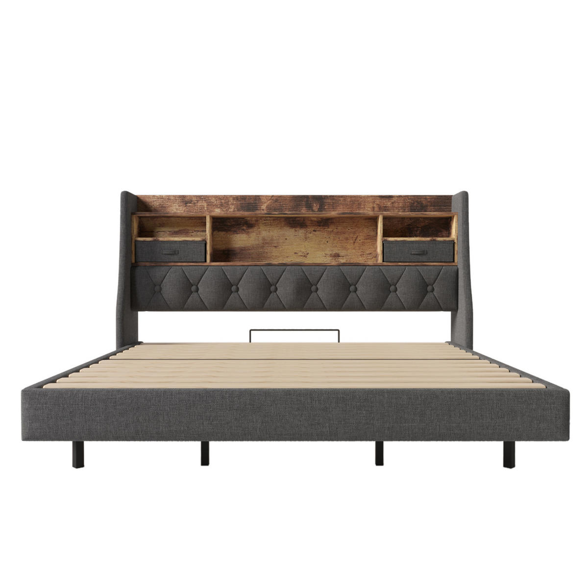BETT mit LED und Ladestation 180x200 cm Leinen Grau - Grau, Holz (180/200cm) - Meubliv