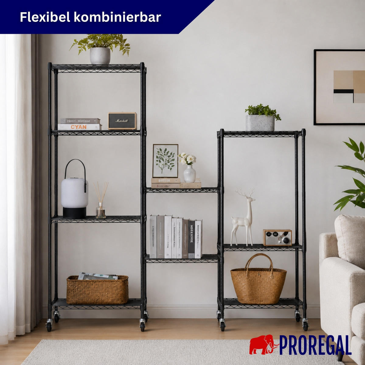 GITTERREGAL HADES mit Rollen & 6 Gitterböden Metall 160x90x40cm Schwarz - Schwarz, Metall (90/160/40cm) - PROREGAL