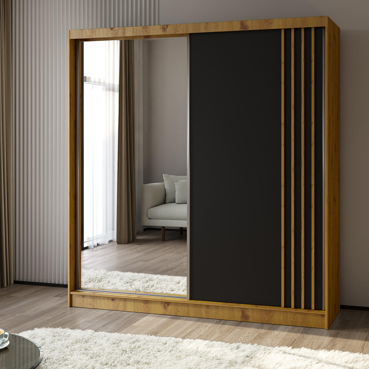 SCHWEBETÜRENSCHRANK NELVIA 200/216/61 cm 2-türig mit Spiegel Eiche Artisan - Schwarz/Eiche Artisan, Holzwerkstoff (200/216/61cm) - MASSENO