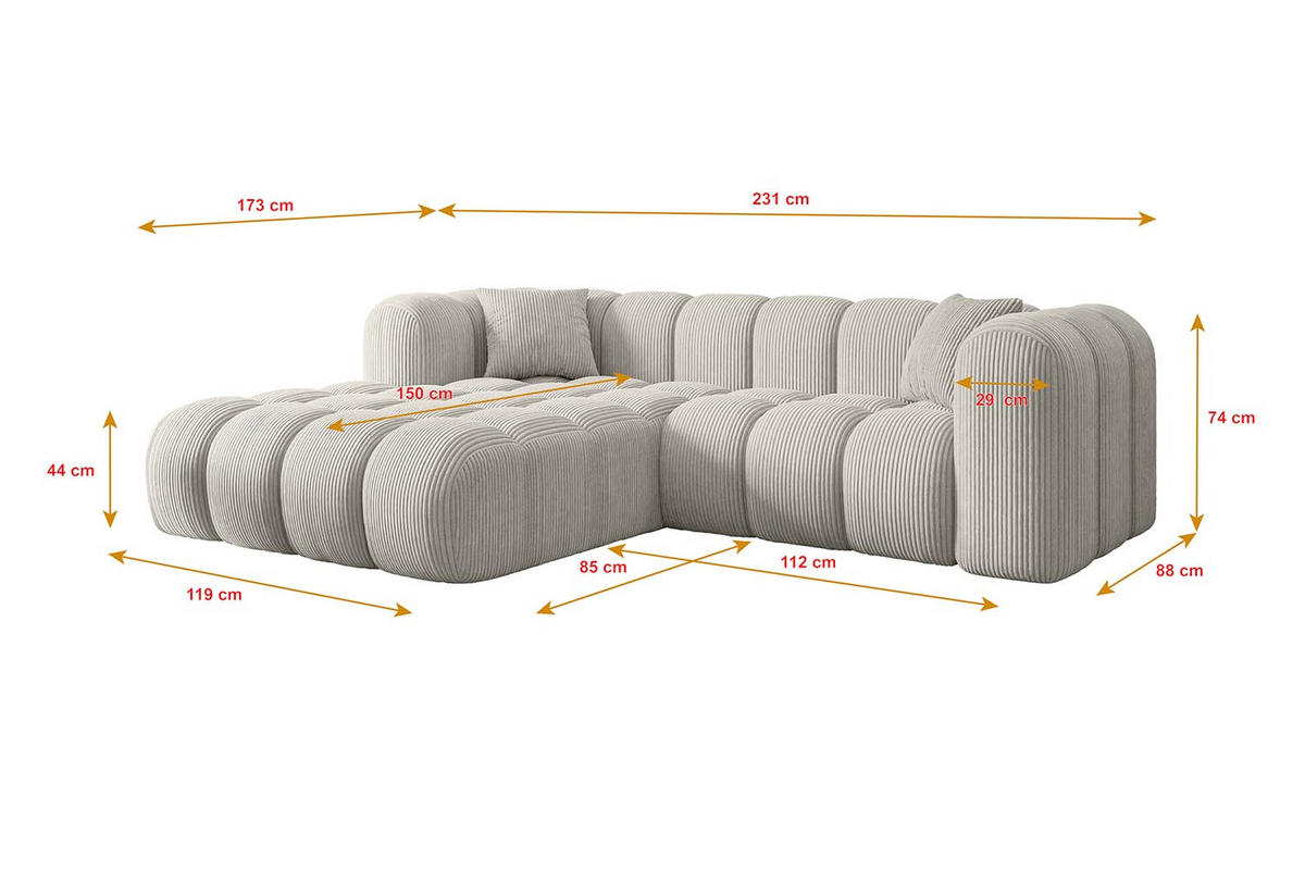 ECKSOFA Ottomane Links OLEA-L1 - 231x173x74 cm Hellgrau Cord - Hellgrau/Schwarz, Holzwerkstoff/Kunststoff (190/242cm) - ALTDECOR