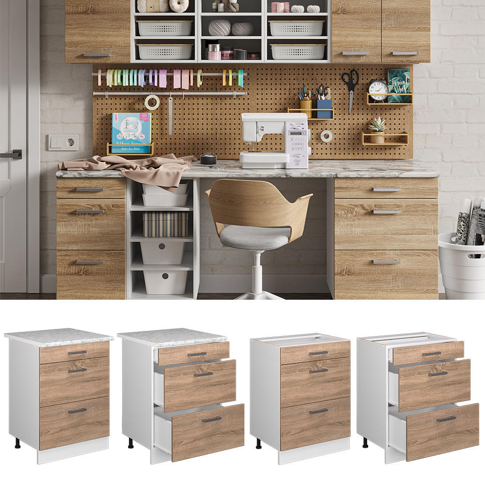 UNTERSCHRANK R-Line Sonoma 60 cm mit Schubladen - Weiß/Sonoma Eiche, Holzwerkstoff (60/81.6/60cm) - Vicco