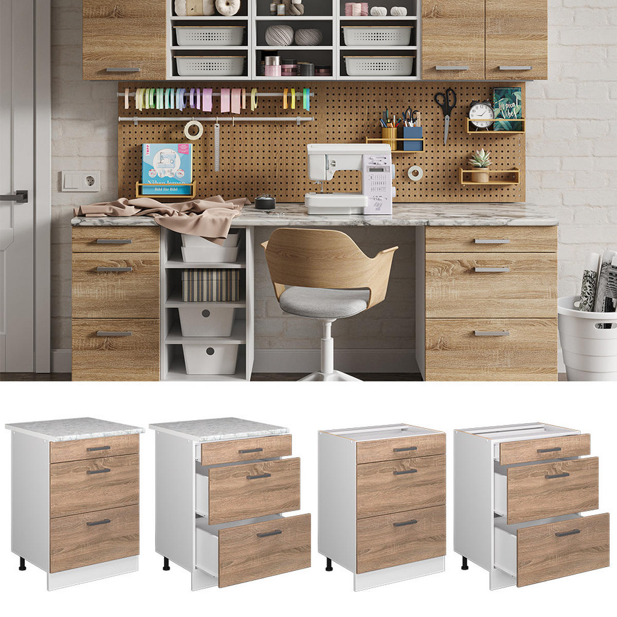 UNTERSCHRANK R-Line Sonoma 60 cm mit Schubladen - Weiß/Sonoma Eiche, Holzwerkstoff (60/81.6/60cm) - Vicco