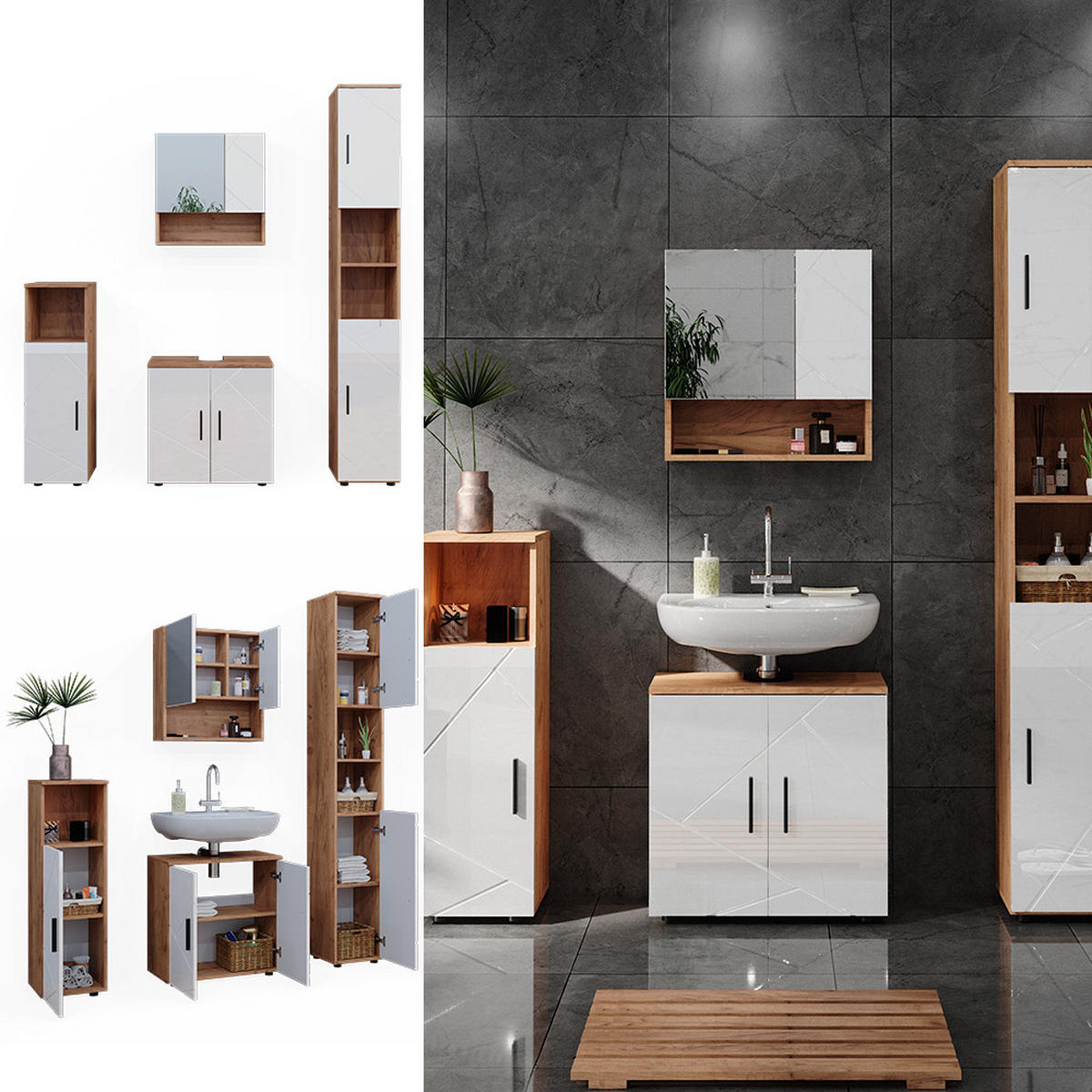 BADMÖBEL-SET Irma Weiß Hochglanz/Goldkraft Eiche 4 Teile mit Hochschrank - Weiß Hochglanz/Eiche Wotan, Holzwerkstoff (80/58.6/41cm) - Vicco
