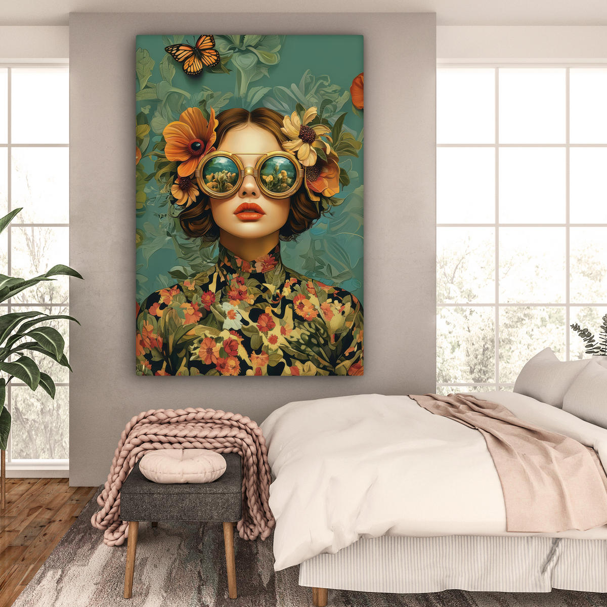 LEINWANDBILD Frau - Blumen - Schmetterlinge - Natur - Vintage Deko Groß 90x140 cm - Salbeigrün, Textil (90/140cm) - MuchoWow