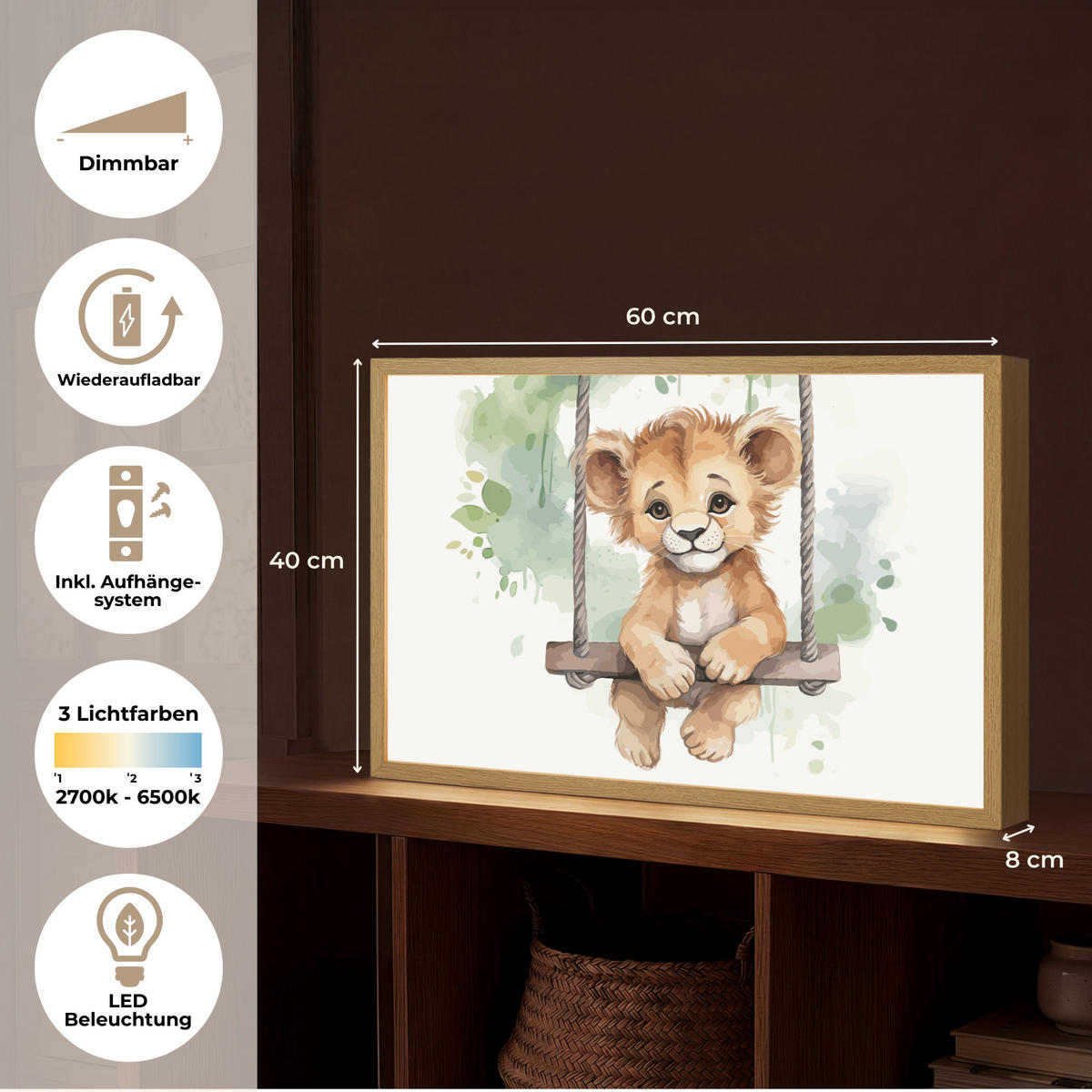 NACHTTISCHLAMPE MIT AKKU Löwe - Tier - Kinder - Dschungel 60x40 cm - Weiß, Holzwerkstoff (8/60/40cm) - OnlyWow