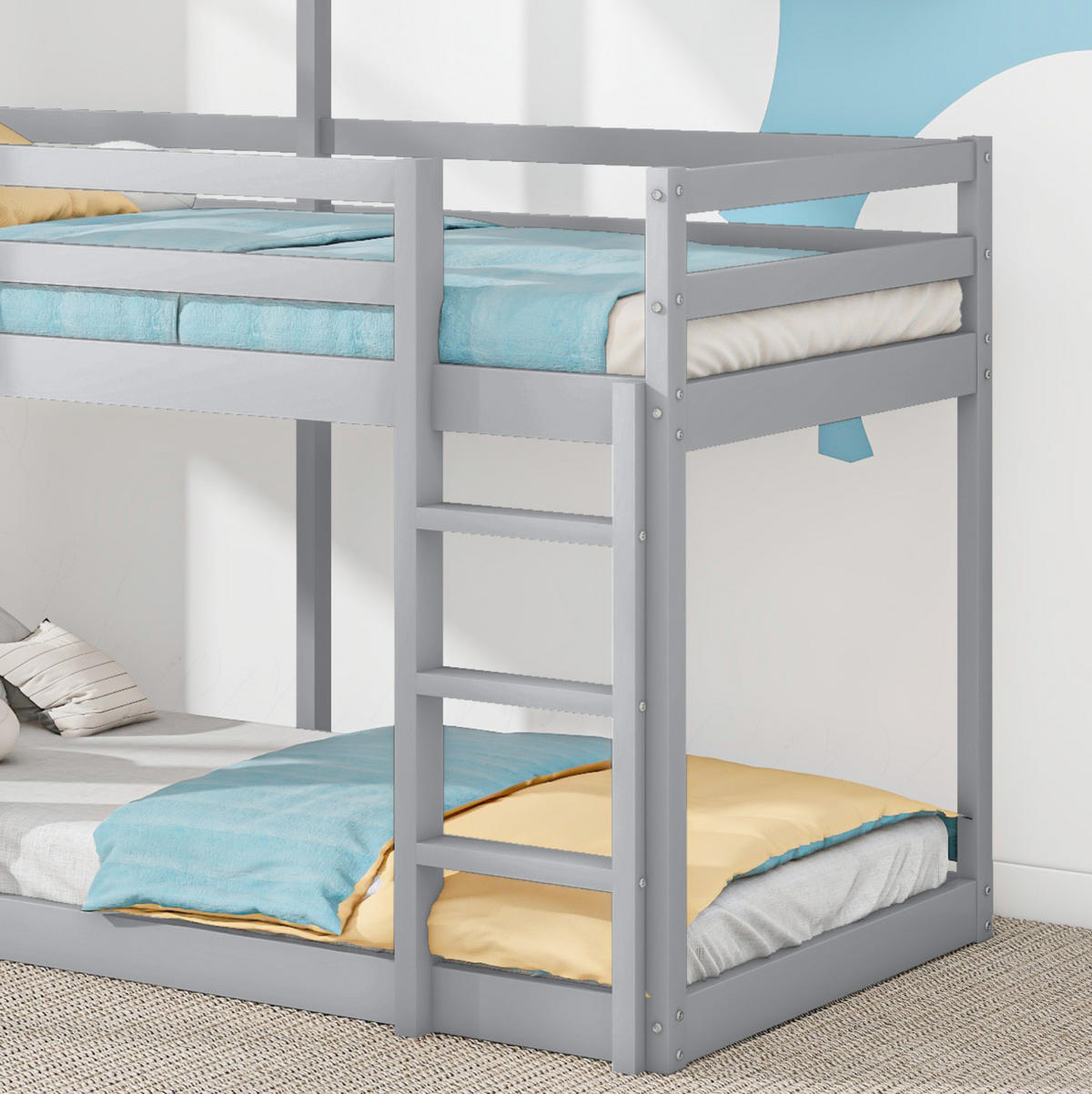 HAUSBETT 90/200 cm aus Kiefer massiv in Grau mit Sicherheitsgeländer - Grau, Holzwerkstoff (90/200cm) - BEAOK