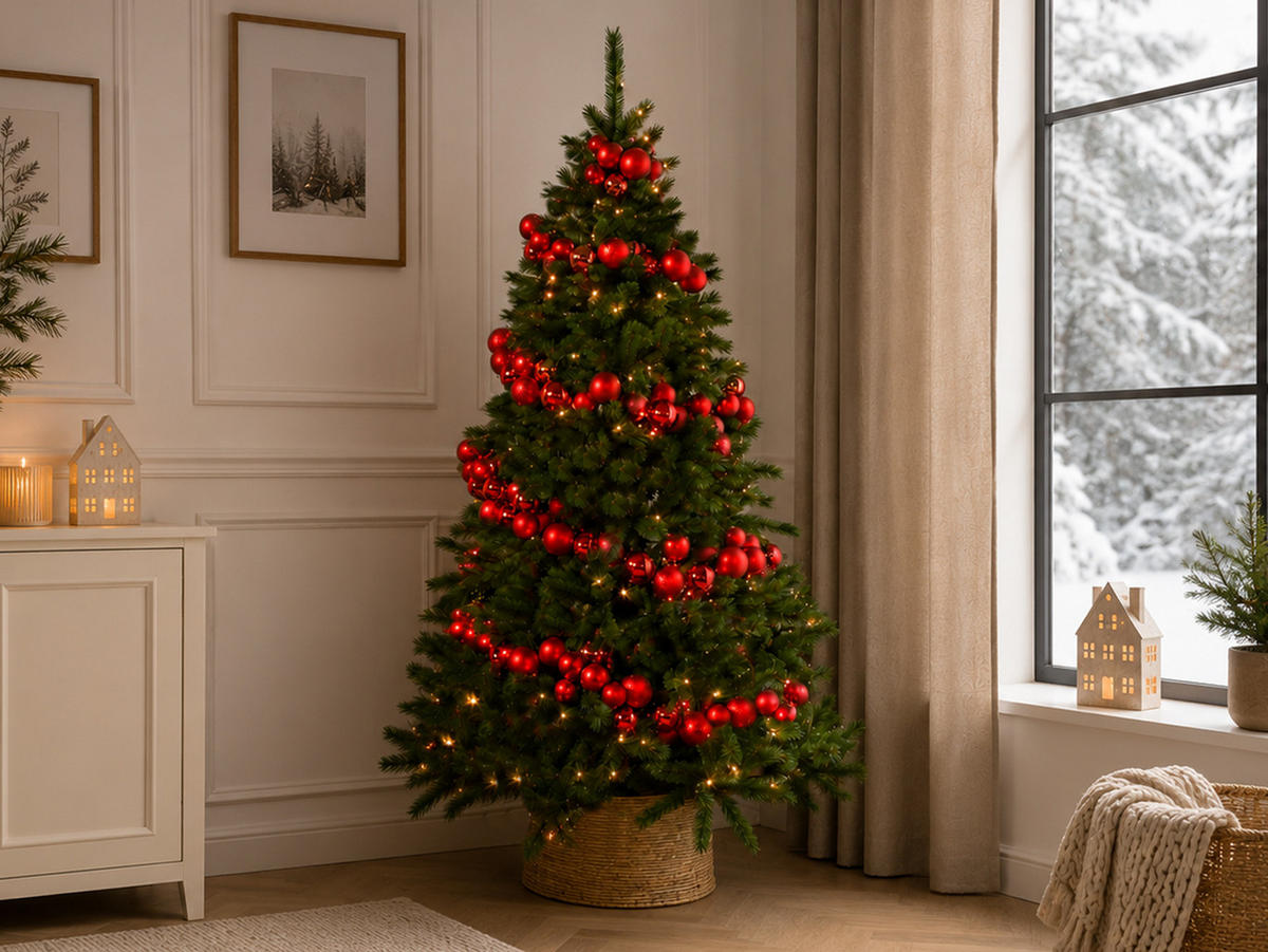 WEIHNACHTSBAUM künstlicher 210 cm – KÖNIGSROT II, geschmückt mit 240-teiligem Weihnachtsbaumschmuck, inkl. Ständer - Rot/Grün, Kunststoff/Metall (134/210cm) - LAALU