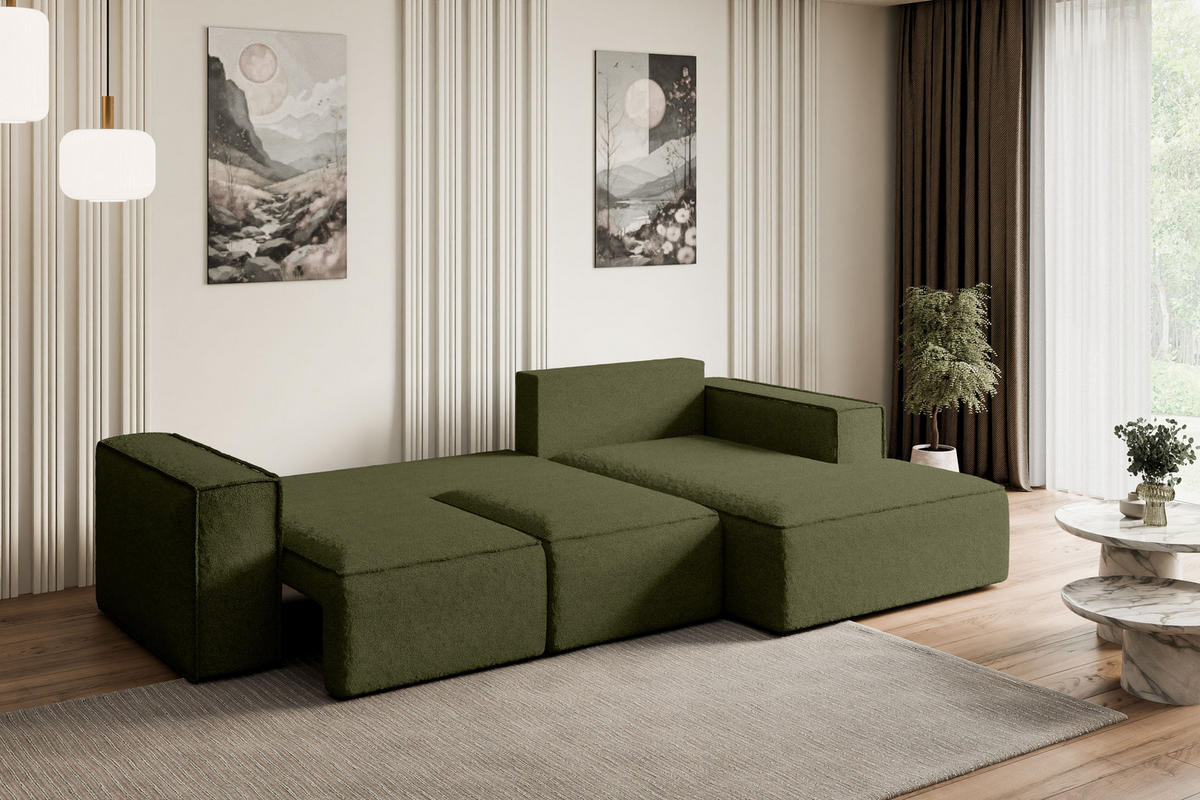 ECKSOFA mit Schlaffunktion und Bettkasten SERRA-L-S - 266x161x87 cm Grün Bouclé - Schwarz/Grün, Holzwerkstoff/Kunststoff (266/161cm) - ALTDECOR