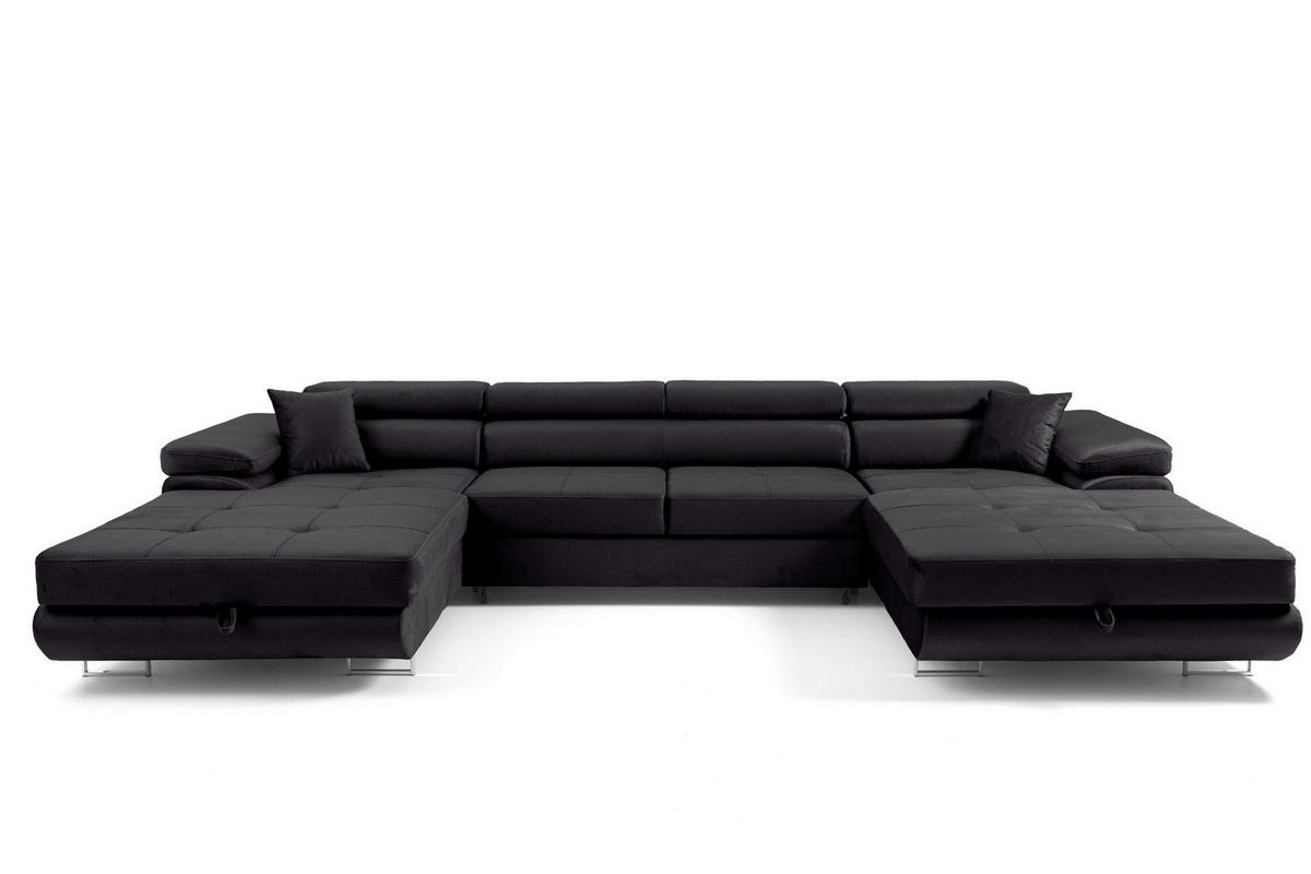 ECKSOFA U-Form ALONZO U mit Schlaffunktion 130x280 Velours Schwarz - Silberfarben/Schwarz, Holz/Textil (350/90/203cm) - Muffo