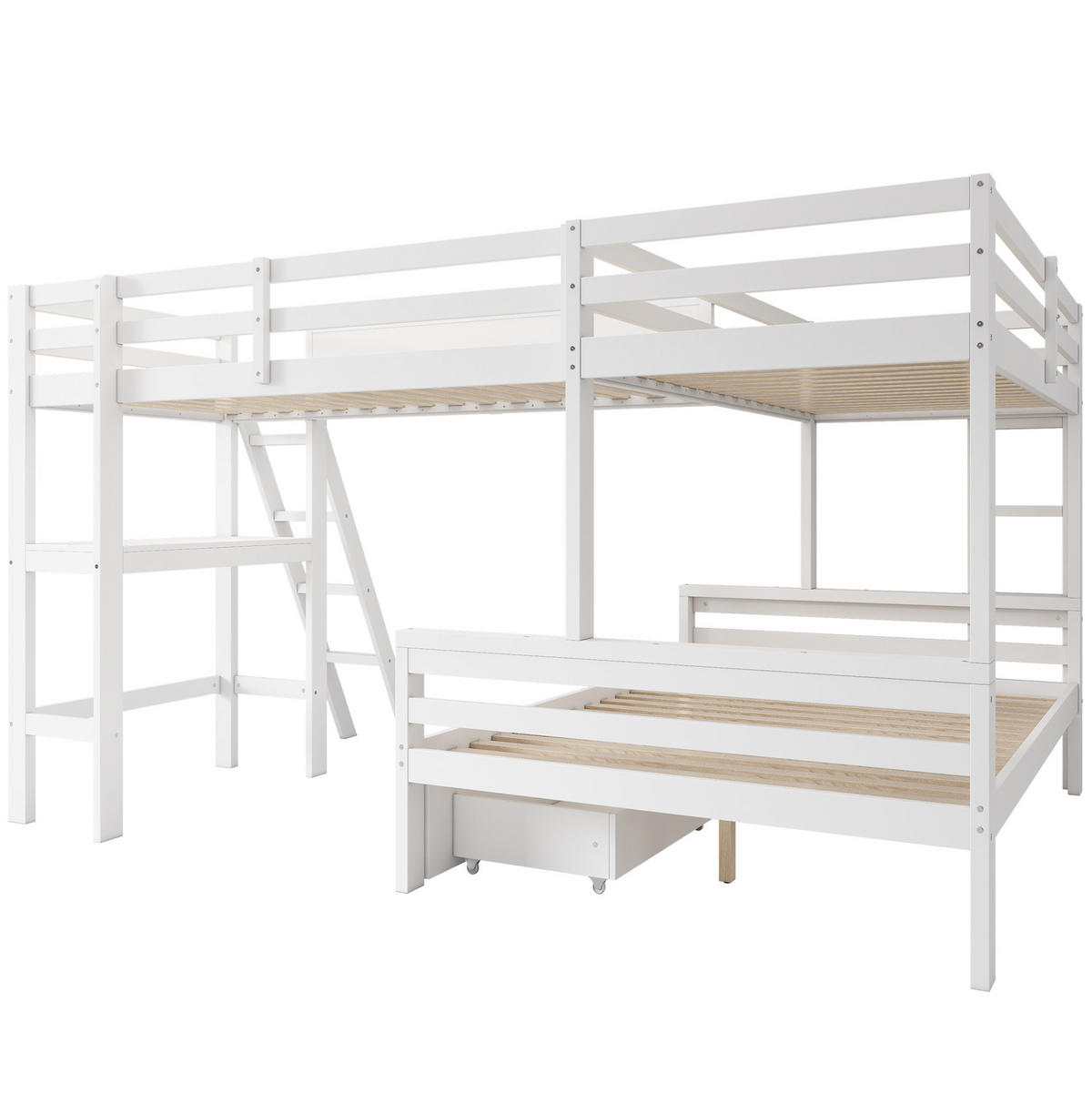ETAGENBETT 140/200 cm weiß/eichefarben aus Massivholz mit Schreibtisch - Weiß, Holz (140/200cm) - OKWISH