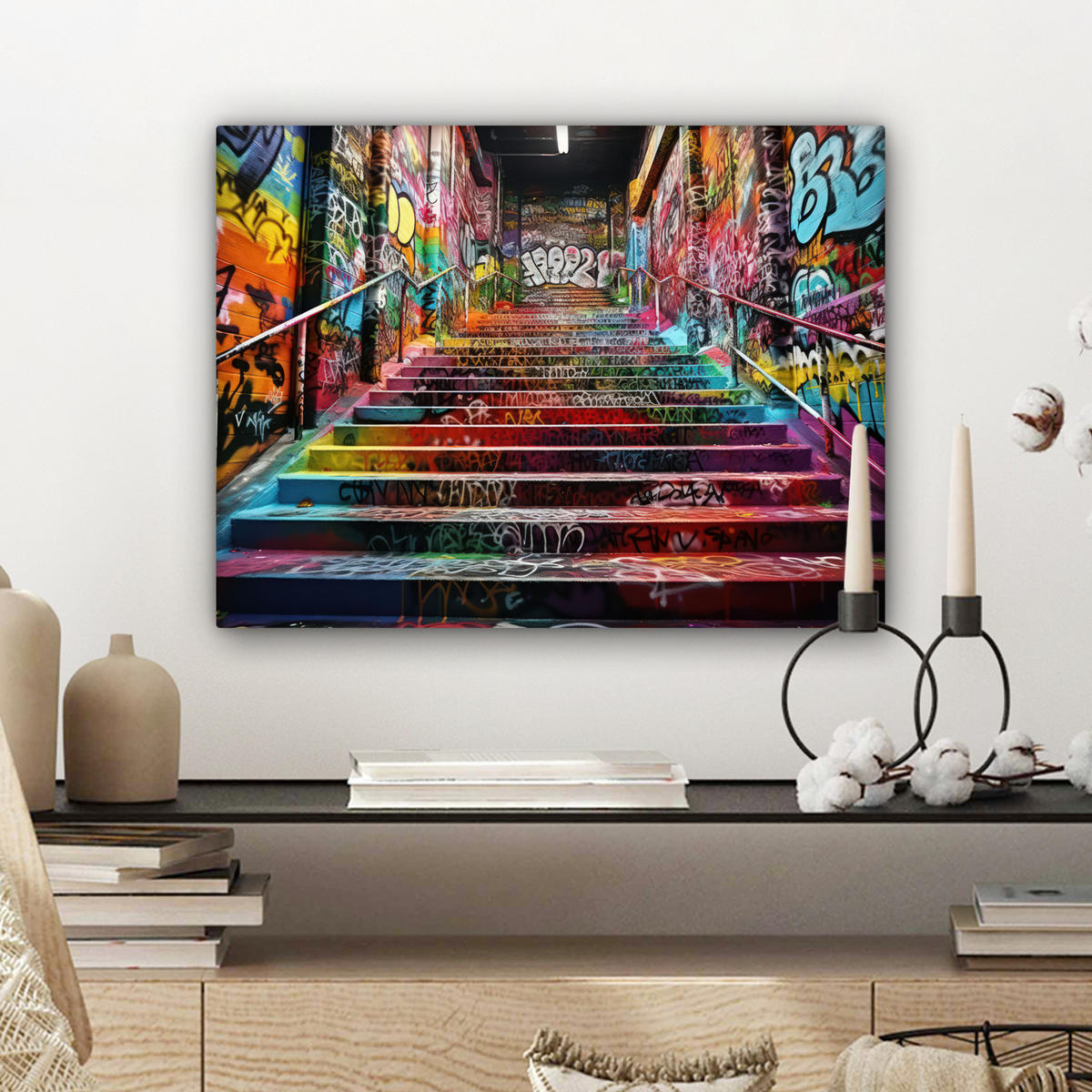 LEINWANDBILD Treppe - Graffiti - Farben - Kunst 40x30 cm - Multicolor, Textil (40/30cm) - MuchoWow