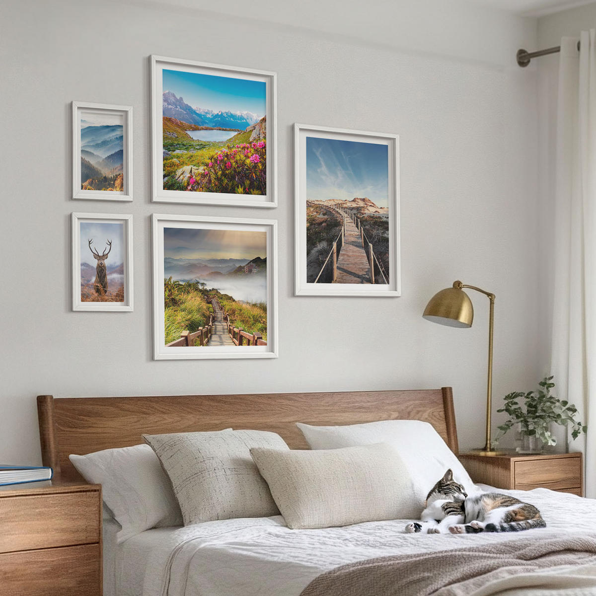 WANDBILDER 5er-Set - 50x50 cm & 20x30 cm & 40x60 cm Weißer Rahmen - Berglandschaft, See, Hirsche - Weiß, Kunststoff (40/60cm) - ArtPrintCave