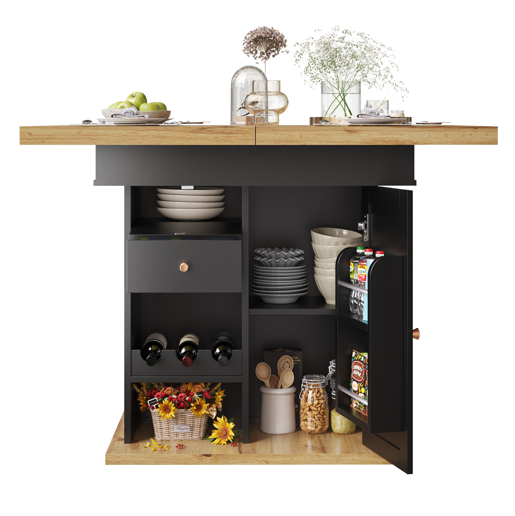 Modfu JÍDELNÍ stůl z MDF 110-140x80x75 cm černá/přírodní rozkládací s úložným prostorem a regálem na víno