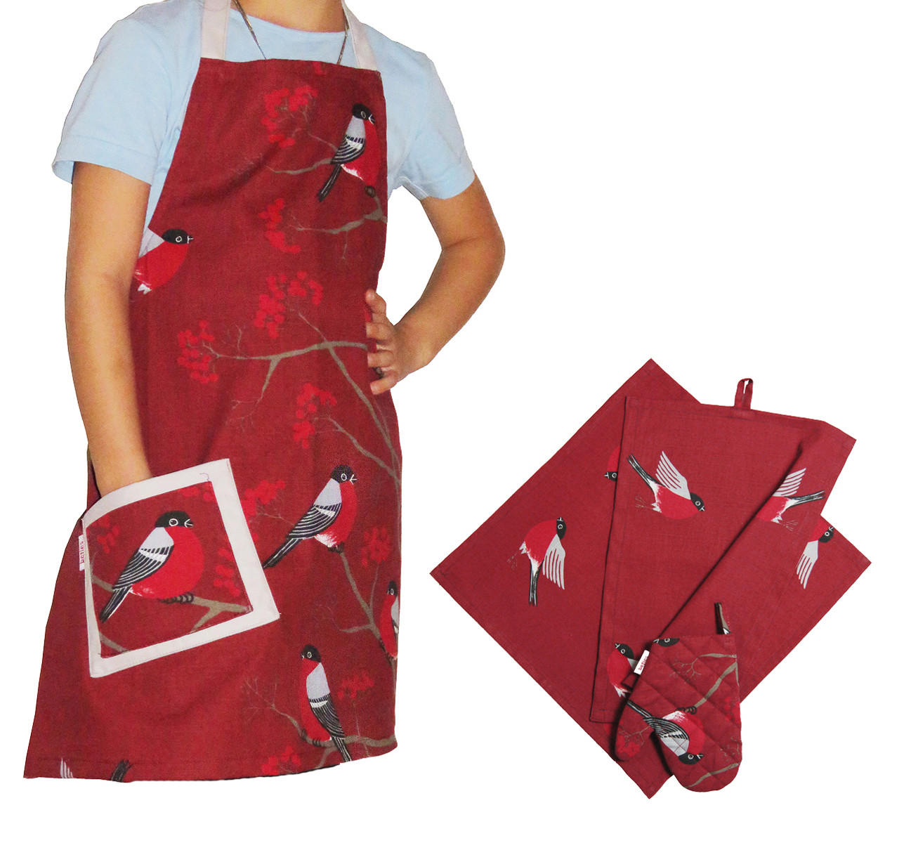 KINDERKOCHSET Beeren Vögel 4tlg One Size - Rot/Weinrot, Textil (47/55cm) - beties Heimtextil