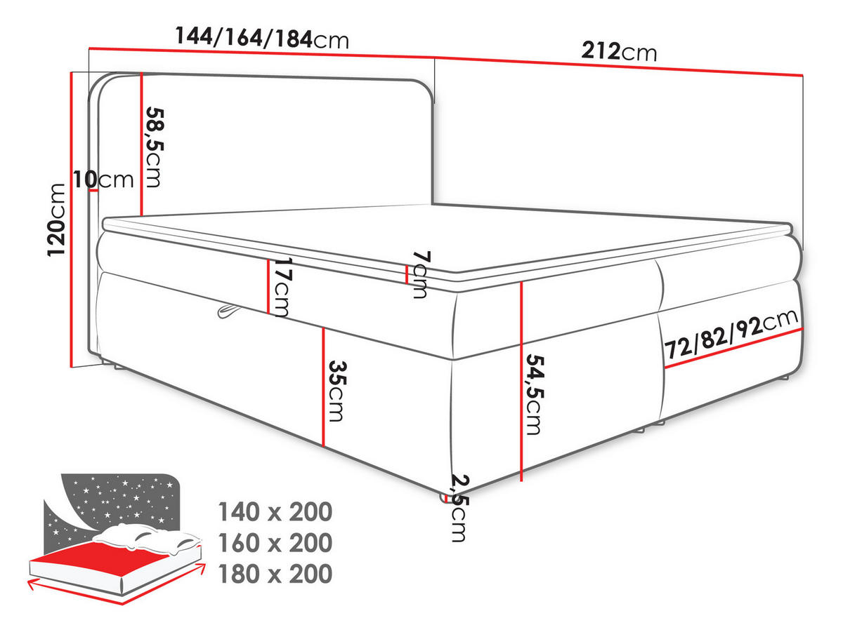 BOXBETT Bonny - H3 - Hellgrau/Schwarz, Holz/Holzwerkstoff (160/200cm) - MIRJAN24
