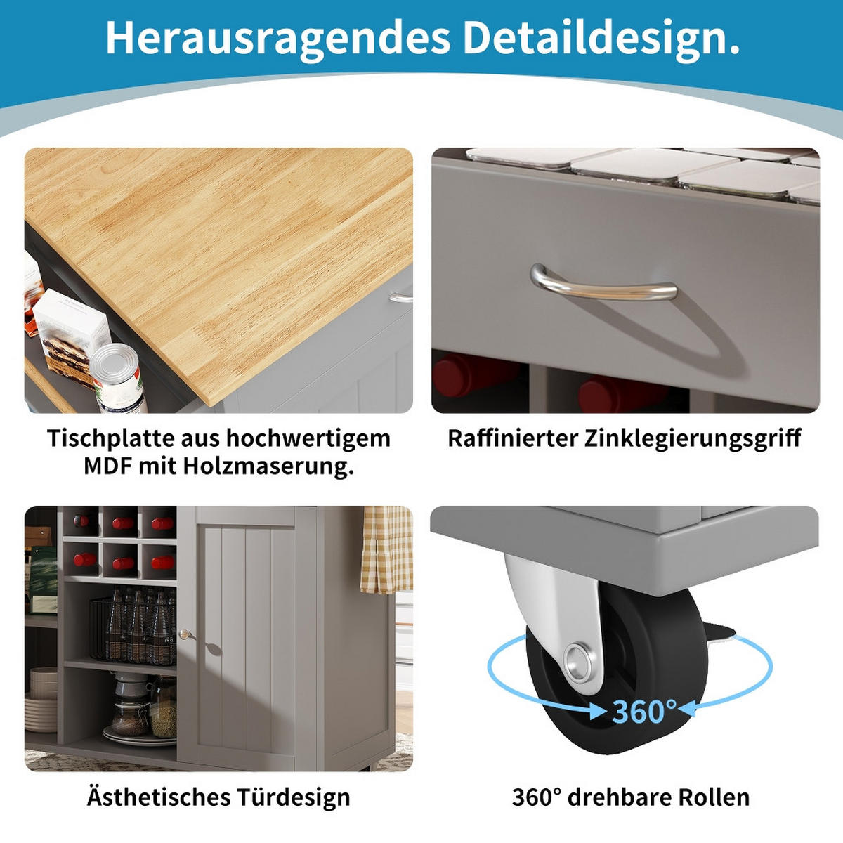 KÜCHENINSEL MIT ROLLEN, Multifunktionaler Buffetschrank, MDF/Metall, Grau-Holzoptik, Küche & Esszimmer, 102/45/92 cm - Grau, Kunststoff (45/92/102cm) - Rolipo