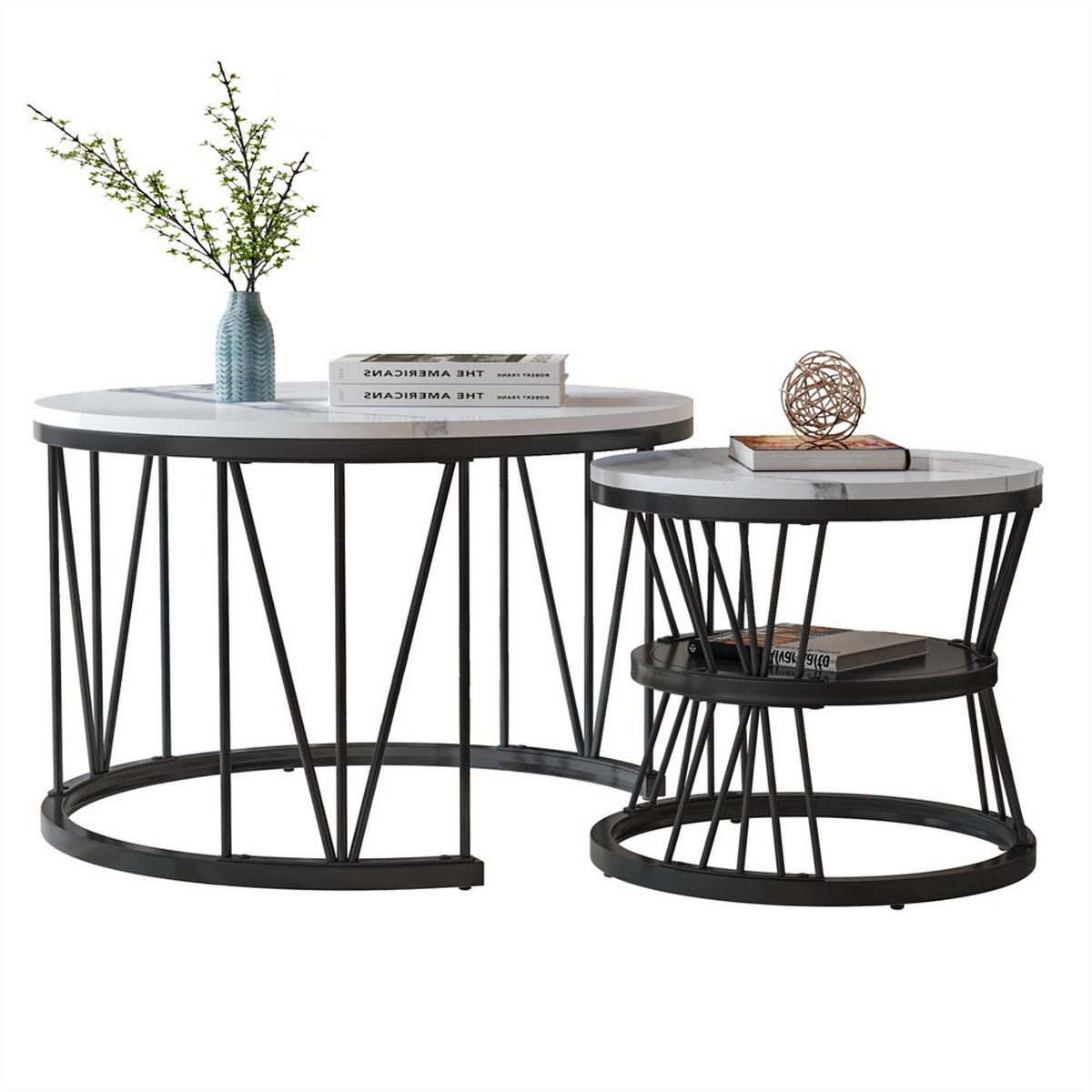 COUCHTISCH 2er-Set - Runder Couchtisch in Marmoroptik mit V-Metallgestell - Weiß und Schwarz - Schwarz, Holzwerkstoff (70/70/45cm) - DELFA