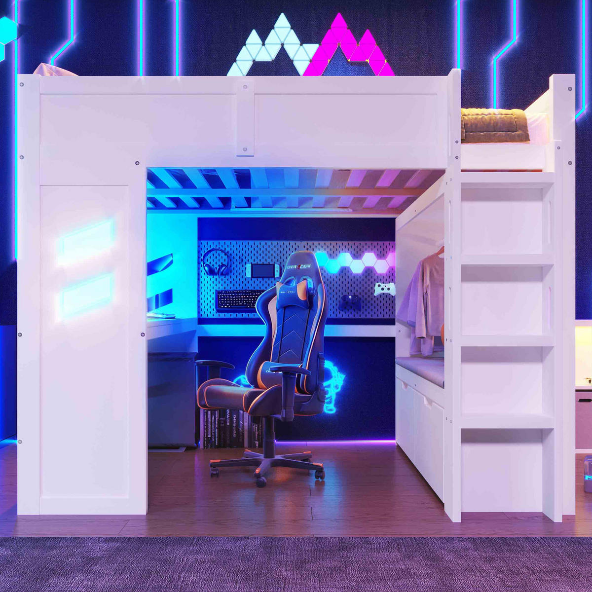 HOCHBETT 140x200cm Weiß Gaming Schreibtisch LED-Licht USB-C - Weiß, Holz (140/200cm) - FLIEKS