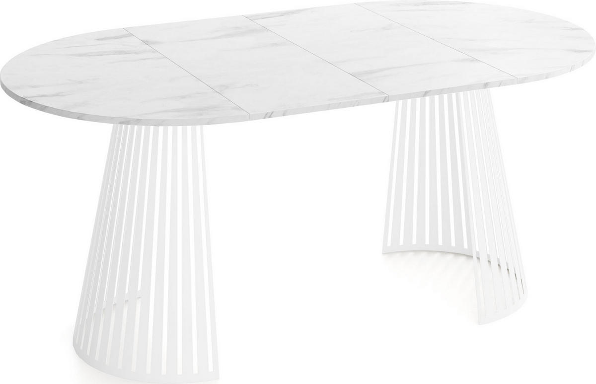 ESSTISCH Naro rund ausziehbar mit Weißem Lamellen-Metallgestell, Marmor Weiß 120-200/120/76 cm - Ecru/Weiß, Holzwerkstoff/Metall (120/120/76cm) - WFL GROUP