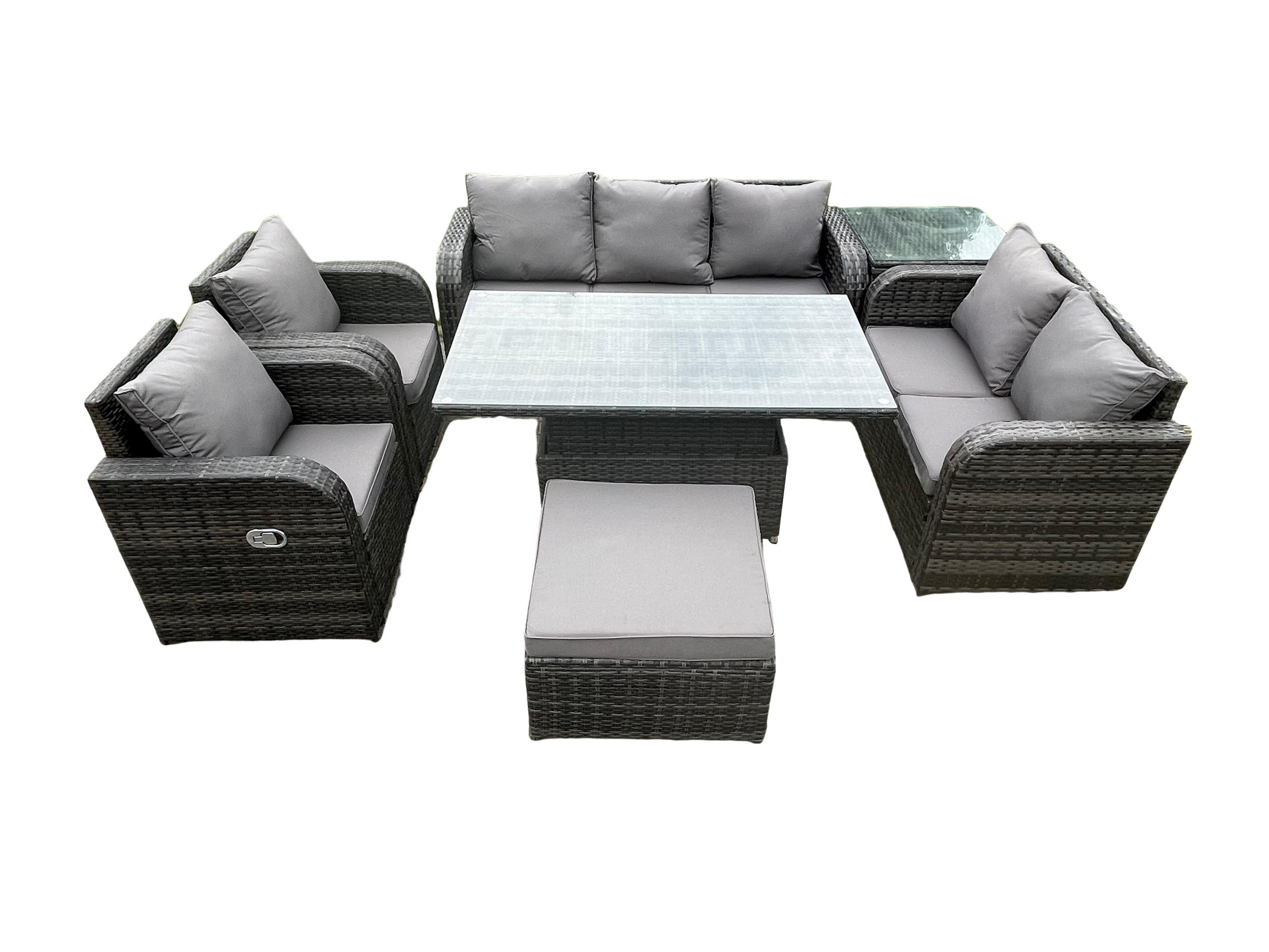 GARTENSOFA SET Polyrattan 8-Sitzer - Dunkelgrau/Grau, Glas/Kunststoff - Fimous
